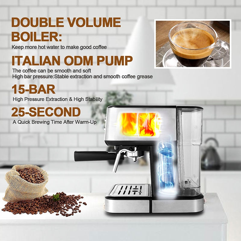 MUMUJJ Semi-Automatic Household Coffee Maker,Espresso Machine With Milk  Frother,Built-In Burr Coffee Grinder,1L Large Capacity Water Tank (Color 
